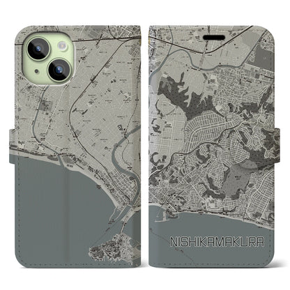 【西鎌倉（神奈川県）】地図柄iPhoneケース（手帳タイプ）モノトーン・iPhone 15 用