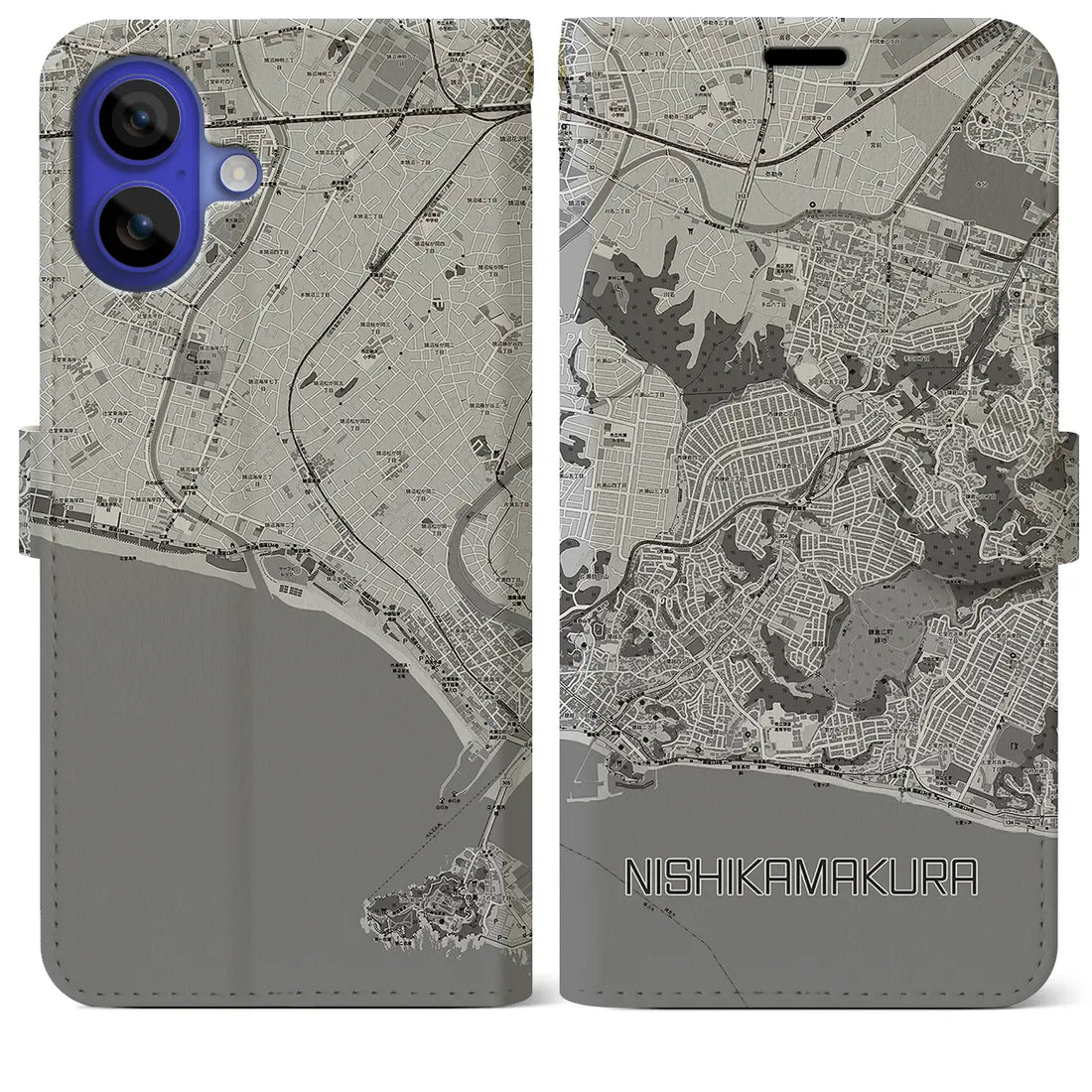 【西鎌倉(神奈川県)】地図柄iPhoneケース(手帳タイプ)モノトーン・iPhone 16 Pro Max 用