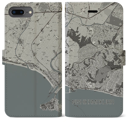 【西鎌倉（神奈川県）】地図柄iPhoneケース（手帳タイプ）モノトーン・iPhone 8Plus /7Plus / 6sPlus / 6Plus 用