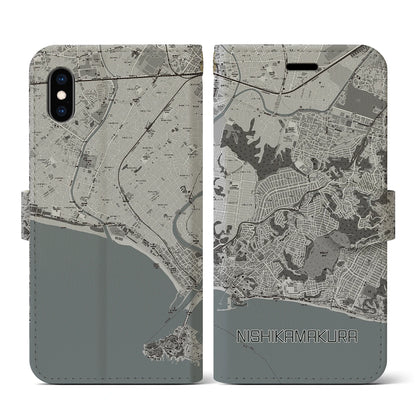 【西鎌倉（神奈川県）】地図柄iPhoneケース（手帳タイプ）モノトーン・iPhone XS / X 用