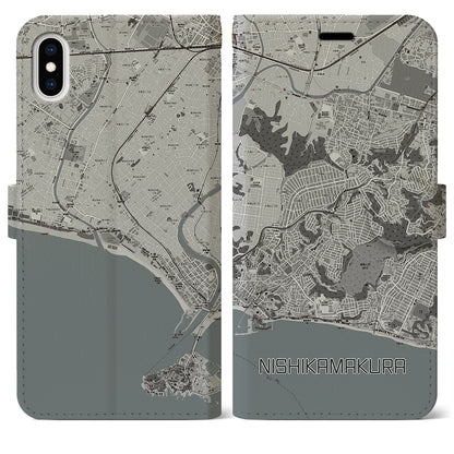 【西鎌倉（神奈川県）】地図柄iPhoneケース（手帳タイプ）モノトーン・iPhone XS Max 用