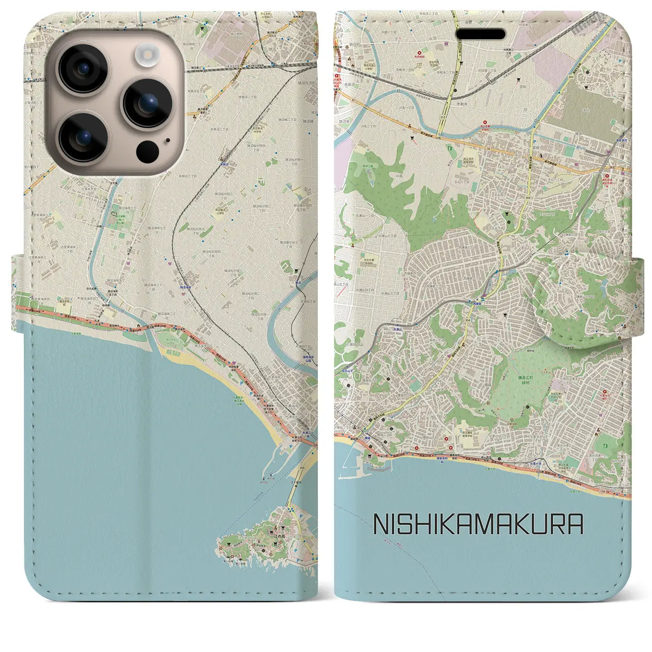 【西鎌倉（神奈川県）】地図柄iPhoneケース（手帳タイプ）ナチュラル・iPhone 16 Plus 用