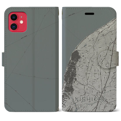 【西蒲（新潟県）】地図柄iPhoneケース（手帳タイプ）モノトーン・iPhone 11 用