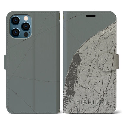 【西蒲（新潟県）】地図柄iPhoneケース（手帳タイプ）モノトーン・iPhone 12 / 12 Pro 用