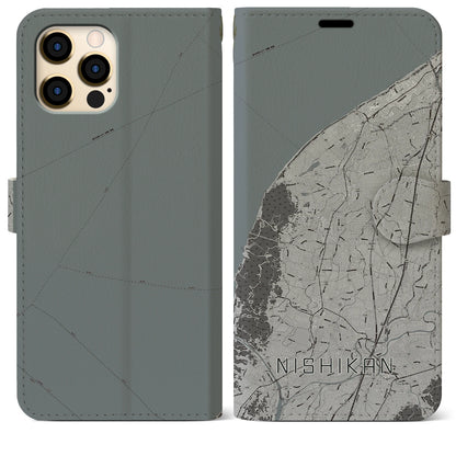 【西蒲（新潟県）】地図柄iPhoneケース（手帳タイプ）モノトーン・iPhone 12 Pro Max 用
