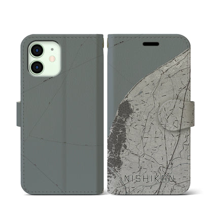 【西蒲（新潟県）】地図柄iPhoneケース（手帳タイプ）モノトーン・iPhone 12 mini 用