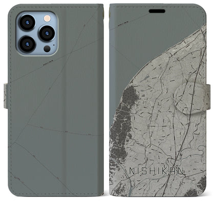 【西蒲（新潟県）】地図柄iPhoneケース（手帳タイプ）モノトーン・iPhone 13 Pro Max 用