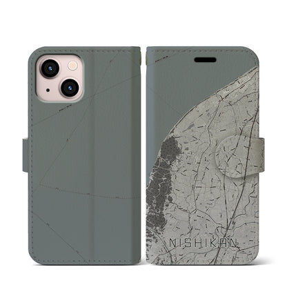 【西蒲（新潟県）】地図柄iPhoneケース（手帳タイプ）モノトーン・iPhone 13 mini 用