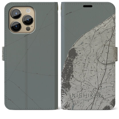 【西蒲（新潟県）】地図柄iPhoneケース（手帳タイプ）モノトーン・iPhone 14 Pro Max 用