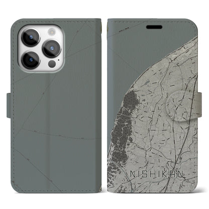【西蒲（新潟県）】地図柄iPhoneケース（手帳タイプ）モノトーン・iPhone 14 Pro 用
