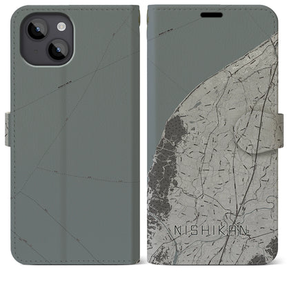 【西蒲（新潟県）】地図柄iPhoneケース（手帳タイプ）モノトーン・iPhone 14 Plus 用