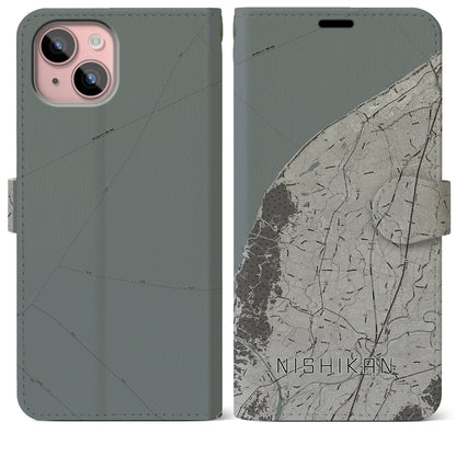 【西蒲（新潟県）】地図柄iPhoneケース（手帳タイプ）モノトーン・iPhone 15 Plus 用