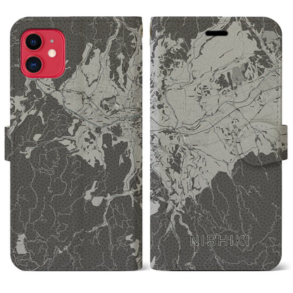 【錦（熊本県）】地図柄iPhoneケース（手帳タイプ）モノトーン・iPhone 11 用