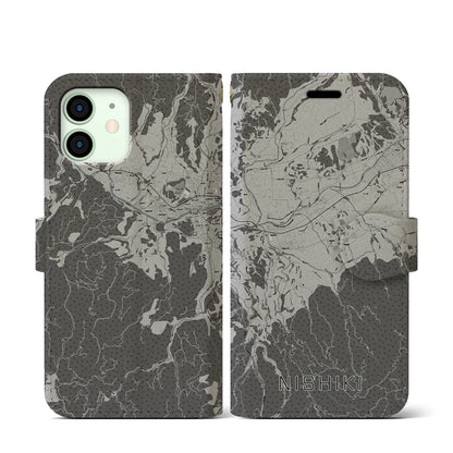 【錦（熊本県）】地図柄iPhoneケース（手帳タイプ）モノトーン・iPhone 12 mini 用