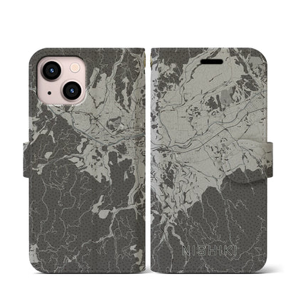 【錦（熊本県）】地図柄iPhoneケース（手帳タイプ）モノトーン・iPhone 13 mini 用