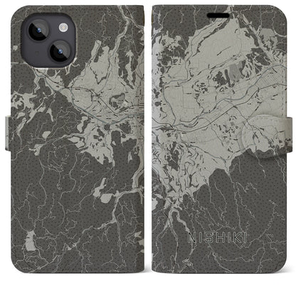 【錦（熊本県）】地図柄iPhoneケース（手帳タイプ）モノトーン・iPhone 14 Plus 用