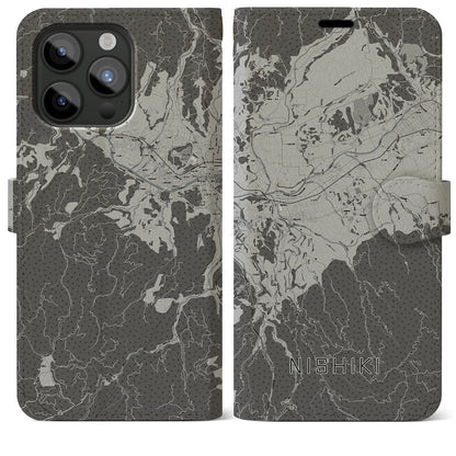 【錦（熊本県）】地図柄iPhoneケース（手帳タイプ）モノトーン・iPhone 15 Pro Max 用