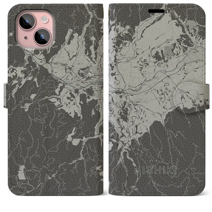 【錦（熊本県）】地図柄iPhoneケース（手帳タイプ）モノトーン・iPhone 15 Plus 用