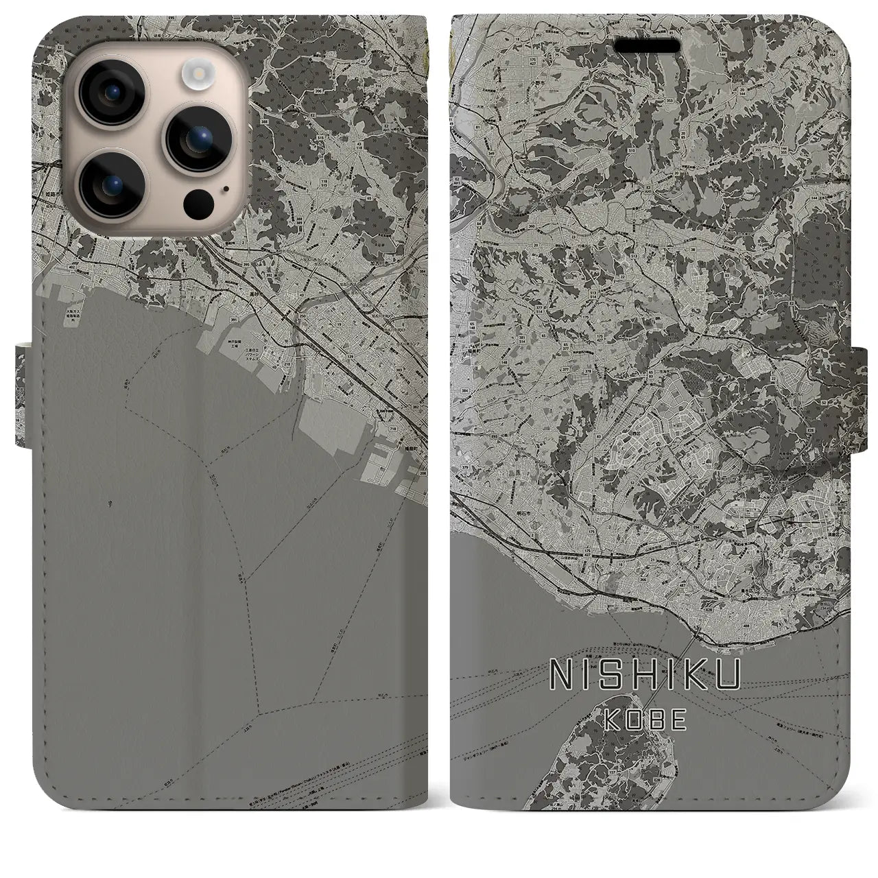 【西区（神戸市）】地図柄iPhoneケース（手帳タイプ）モノトーン・iPhone 16 Plus 用