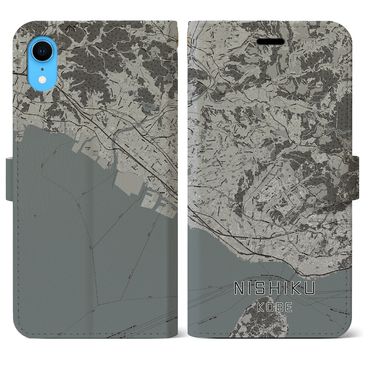 【西区（神戸市）】地図柄iPhoneケース（手帳両面タイプ・モノトーン）iPhone XR 用