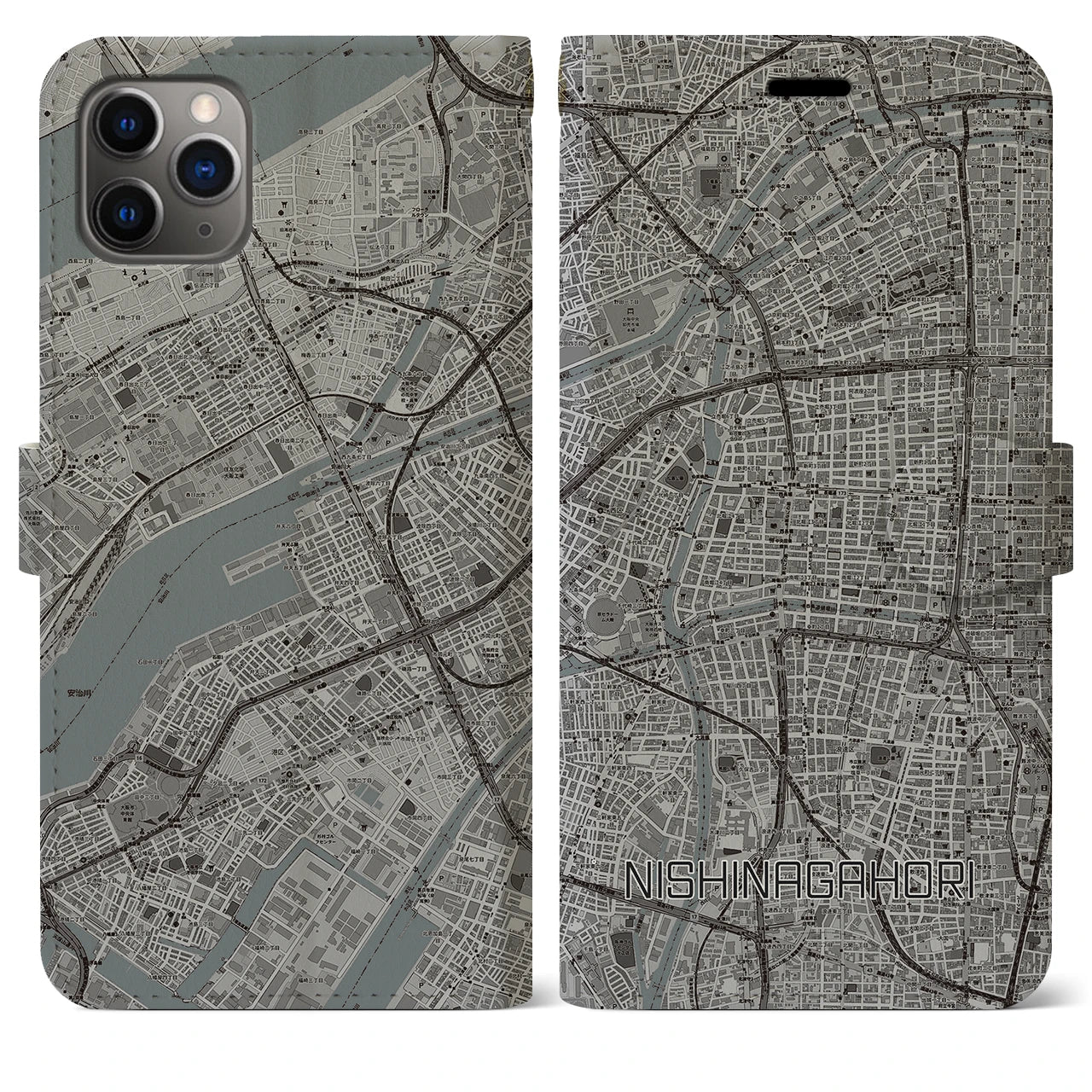 【西長堀】地図柄iPhoneケース（手帳両面タイプ・モノトーン）iPhone 11 Pro Max 用