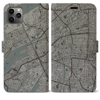 【西長堀（大阪府）】地図柄iPhoneケース（手帳タイプ）モノトーン・iPhone 11 Pro Max 用