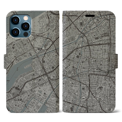 【西長堀（大阪府）】地図柄iPhoneケース（手帳タイプ）モノトーン・iPhone 12 / 12 Pro 用