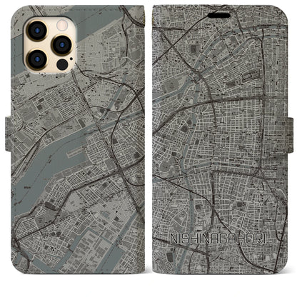 【西長堀（大阪府）】地図柄iPhoneケース（手帳タイプ）モノトーン・iPhone 12 Pro Max 用