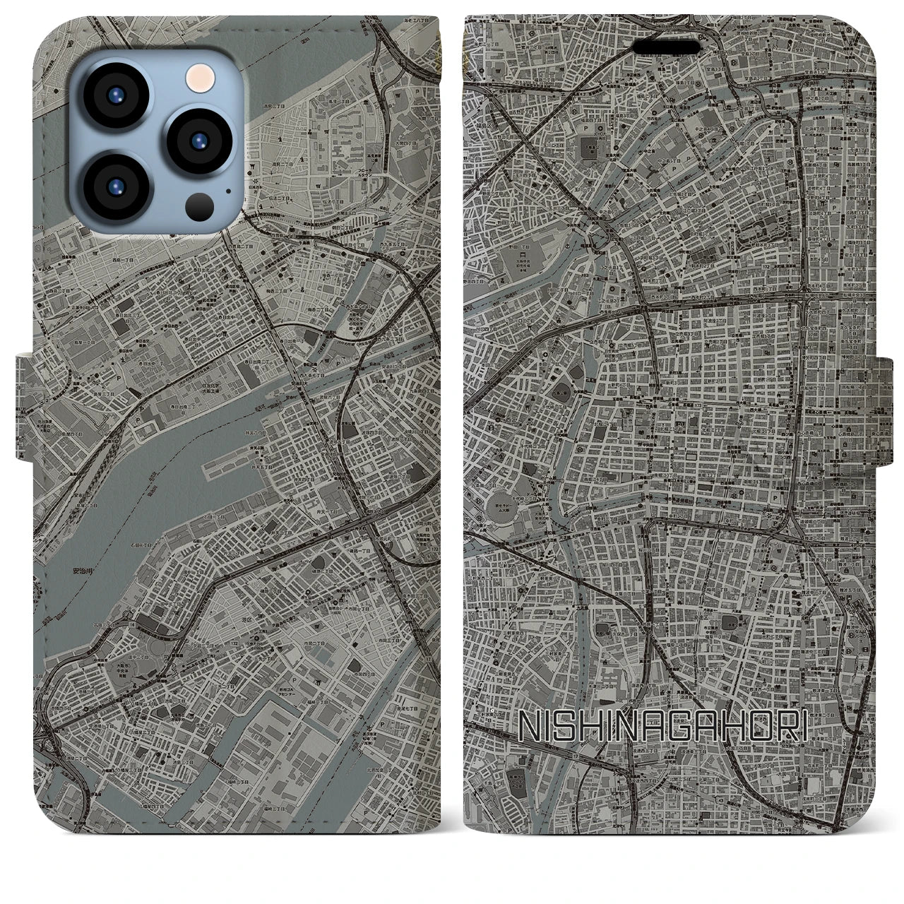 【西長堀】地図柄iPhoneケース（手帳両面タイプ・モノトーン）iPhone 13 Pro Max 用