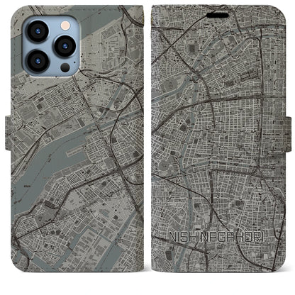 【西長堀（大阪府）】地図柄iPhoneケース（手帳タイプ）モノトーン・iPhone 13 Pro Max 用