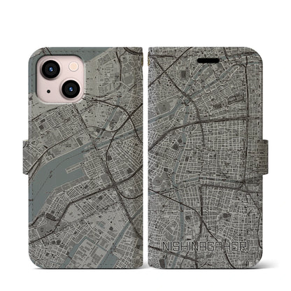 【西長堀（大阪府）】地図柄iPhoneケース（手帳タイプ）モノトーン・iPhone 13 mini 用