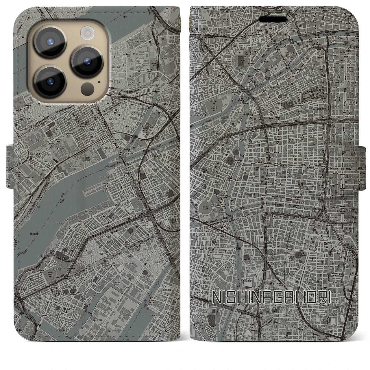 【西長堀】地図柄iPhoneケース（手帳両面タイプ・モノトーン）iPhone 14 Pro Max 用