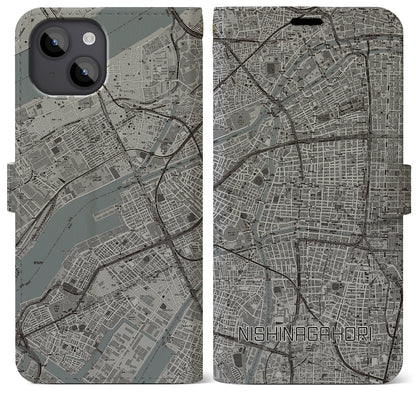【西長堀（大阪府）】地図柄iPhoneケース（手帳タイプ）モノトーン・iPhone 14 Plus 用