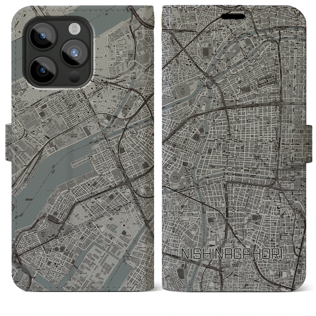 【西長堀】地図柄iPhoneケース（手帳両面タイプ・モノトーン）iPhone 15 Pro Max 用