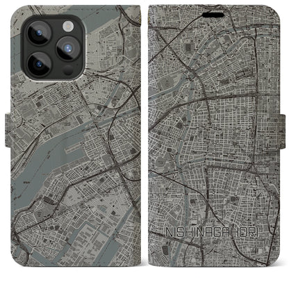 【西長堀（大阪府）】地図柄iPhoneケース（手帳タイプ）モノトーン・iPhone 15 Pro Max 用