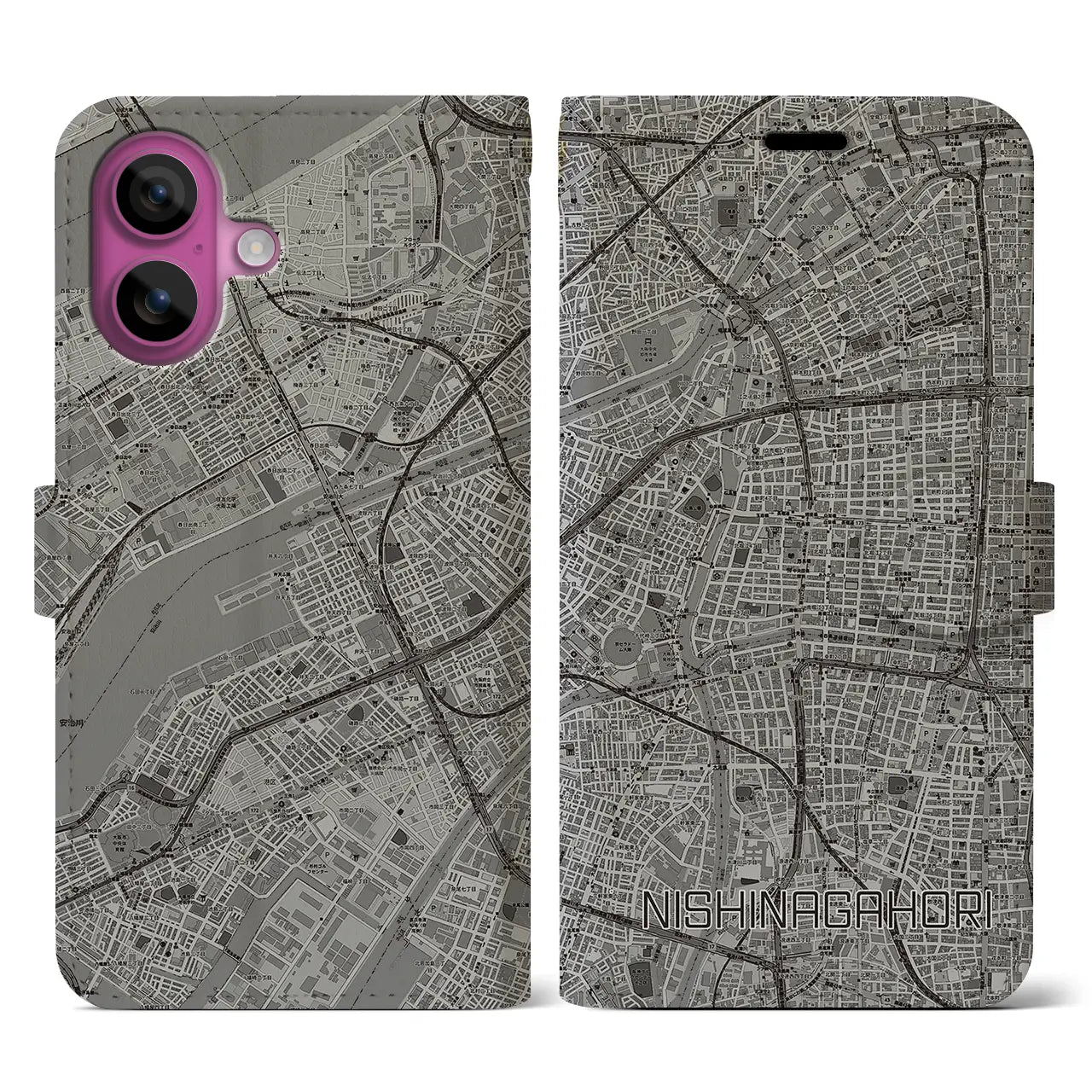 【西長堀（大阪府）】地図柄iPhoneケース（手帳タイプ）モノトーン・iPhone 16 Pro 用