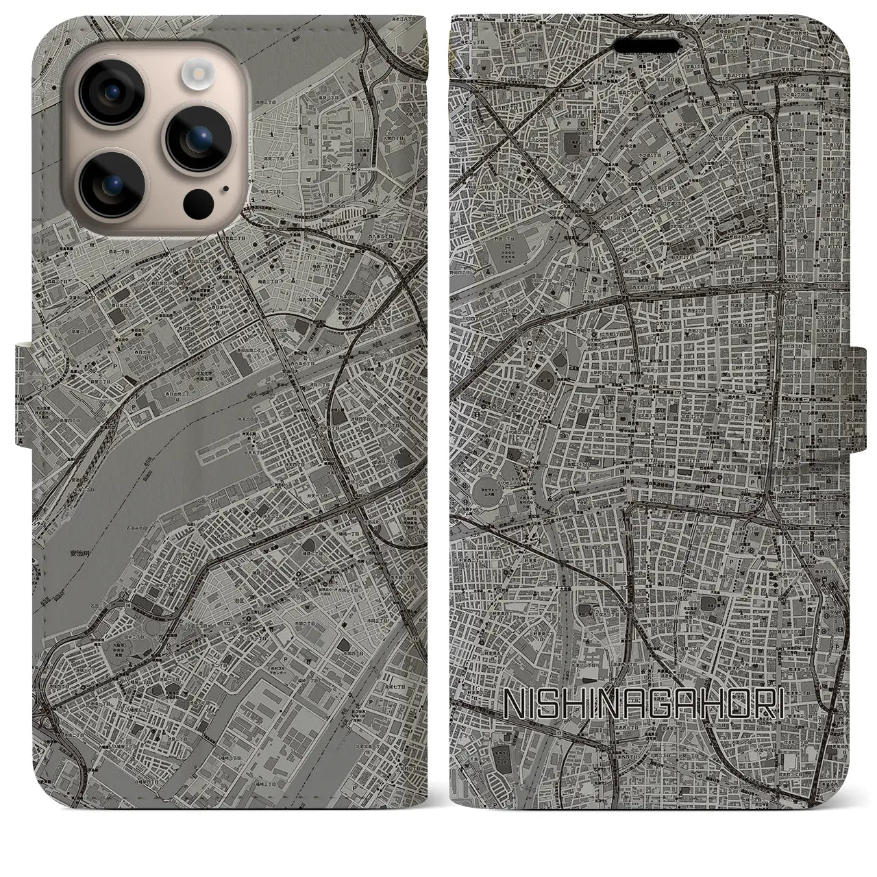 【西長堀（大阪府）】地図柄iPhoneケース（手帳タイプ）モノトーン・iPhone 16 Plus 用