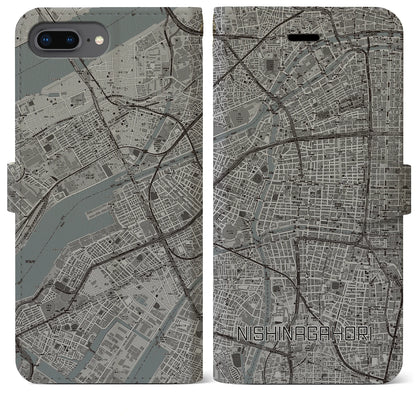 【西長堀（大阪府）】地図柄iPhoneケース（手帳タイプ）モノトーン・iPhone 8Plus /7Plus / 6sPlus / 6Plus 用