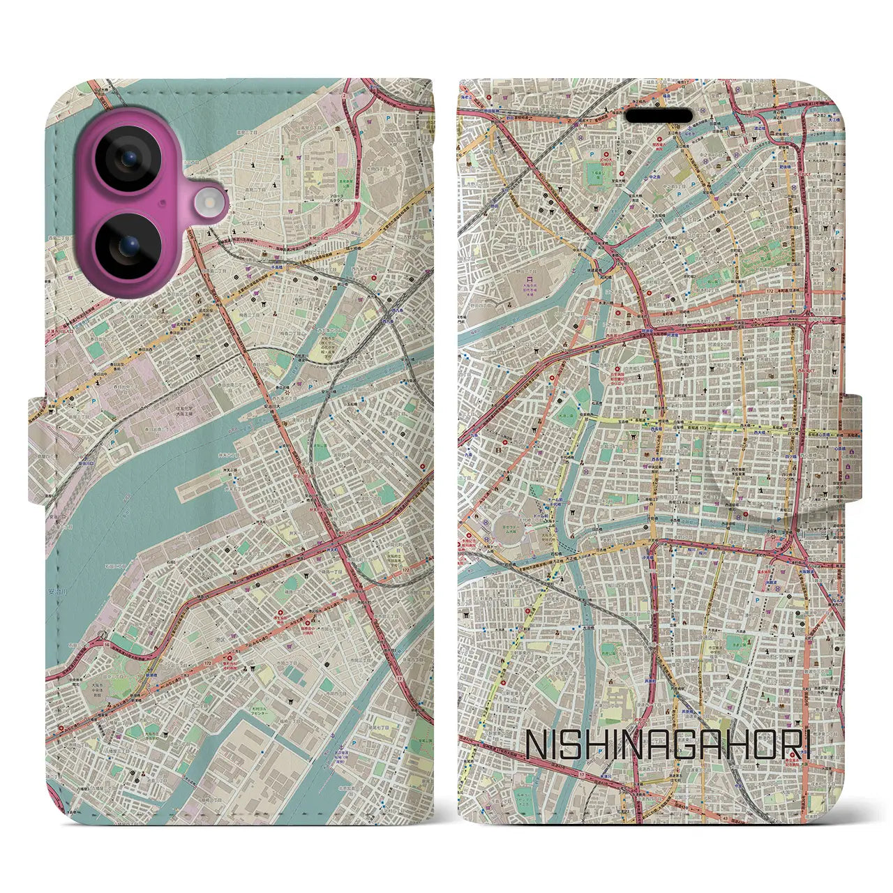 【西長堀（大阪府）】地図柄iPhoneケース（手帳タイプ）ナチュラル・iPhone 16 Pro 用