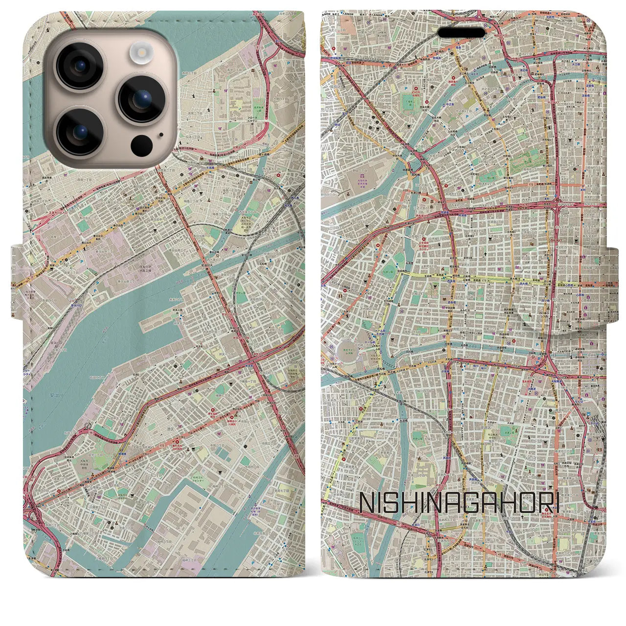 【西長堀（大阪府）】地図柄iPhoneケース（手帳タイプ）ナチュラル・iPhone 16 Plus 用