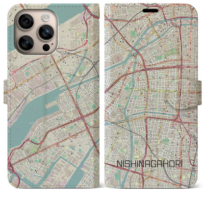 【西長堀（大阪府）】地図柄iPhoneケース（手帳タイプ）ナチュラル・iPhone 16 Plus 用