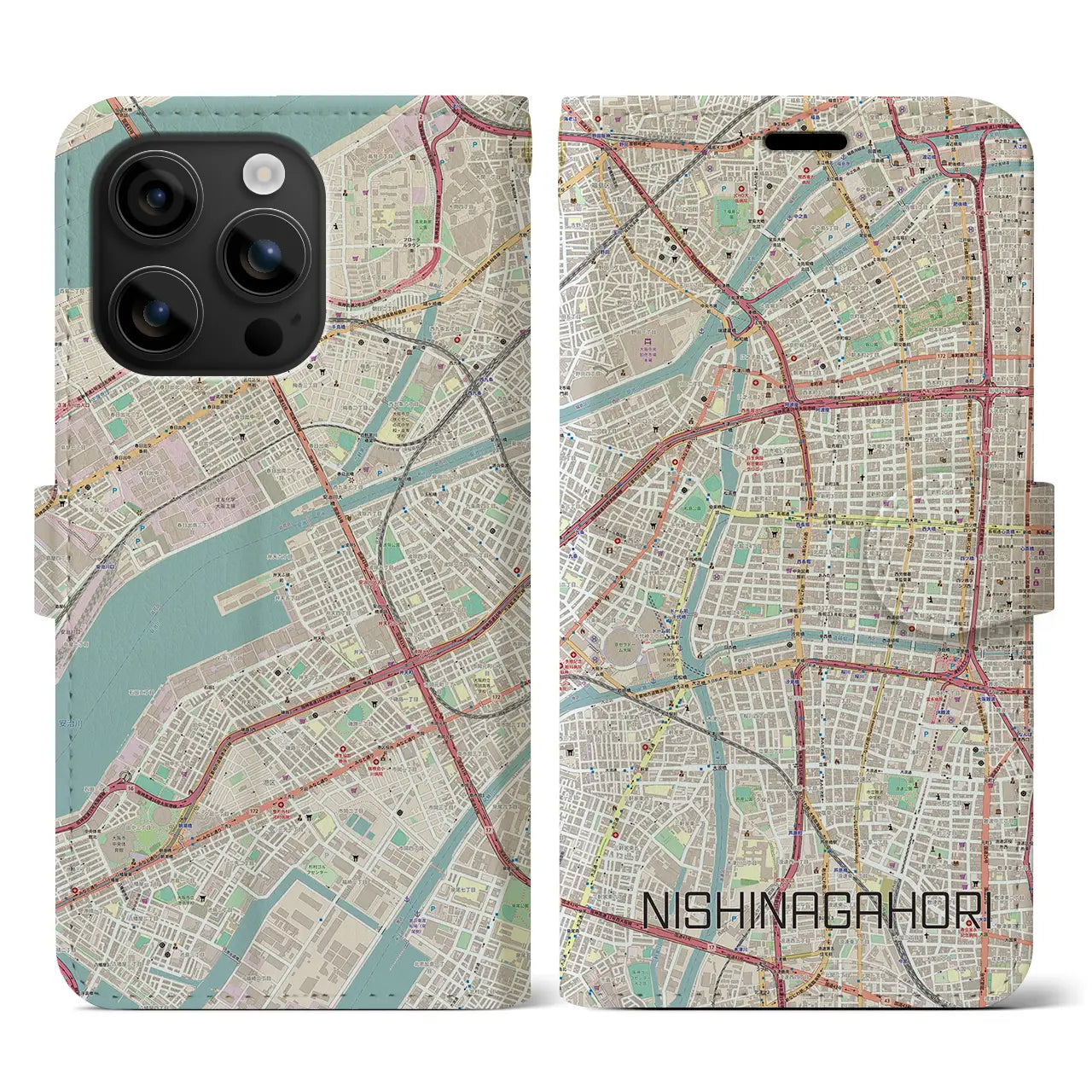 【西長堀（大阪府）】地図柄iPhoneケース（手帳タイプ）ナチュラル・iPhone 16 用