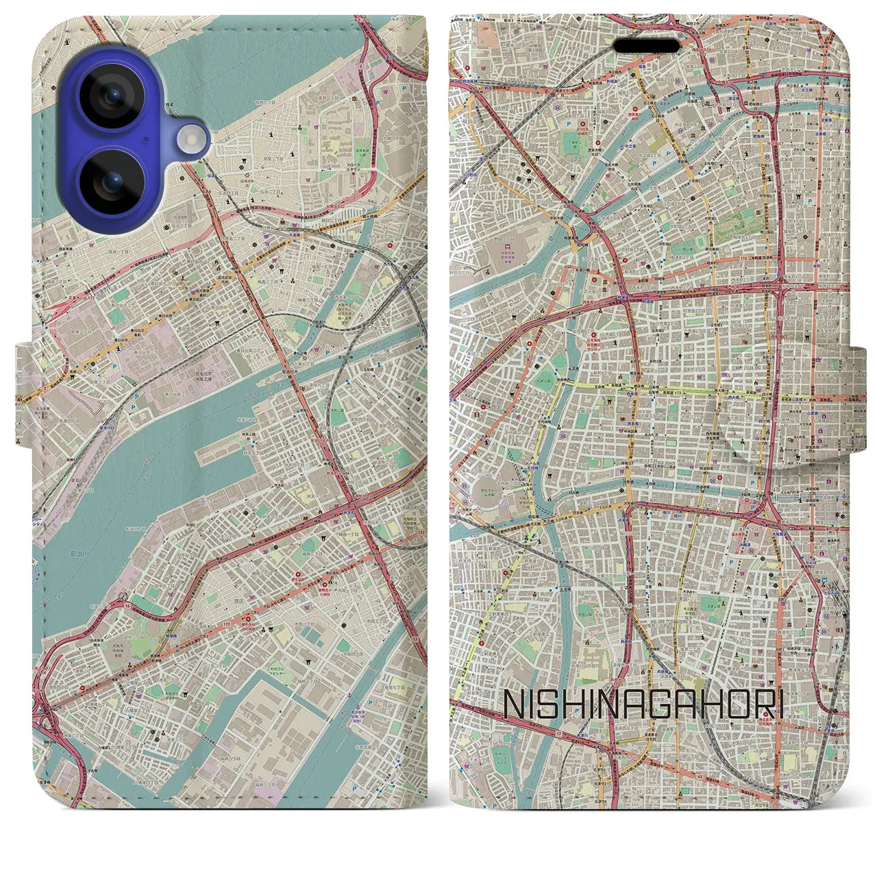 【西長堀（大阪府）】地図柄iPhoneケース（手帳タイプ）ナチュラル・iPhone 16 Pro Max 用