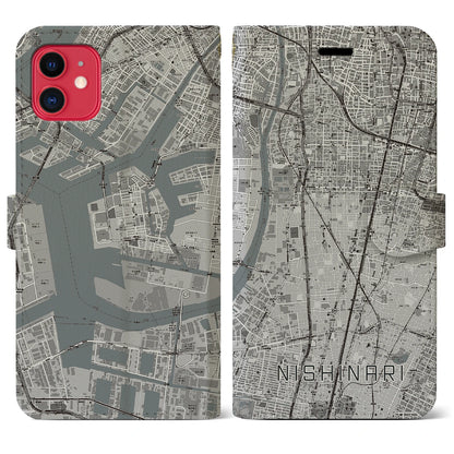 【西成（大阪府）】地図柄iPhoneケース（手帳タイプ）モノトーン・iPhone 11 用