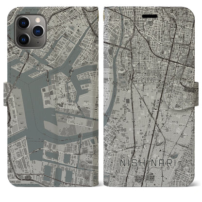 【西成（大阪府）】地図柄iPhoneケース（手帳タイプ）モノトーン・iPhone 11 Pro Max 用