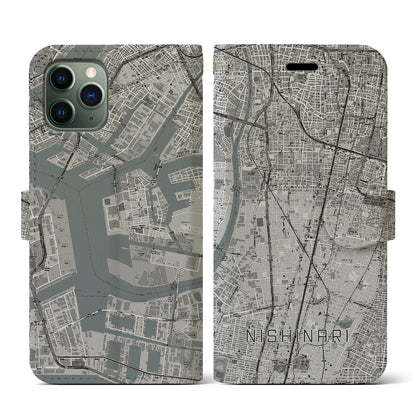 【西成（大阪府）】地図柄iPhoneケース（手帳タイプ）モノトーン・iPhone 11 Pro 用