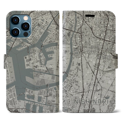 【西成（大阪府）】地図柄iPhoneケース（手帳タイプ）モノトーン・iPhone 12 / 12 Pro 用