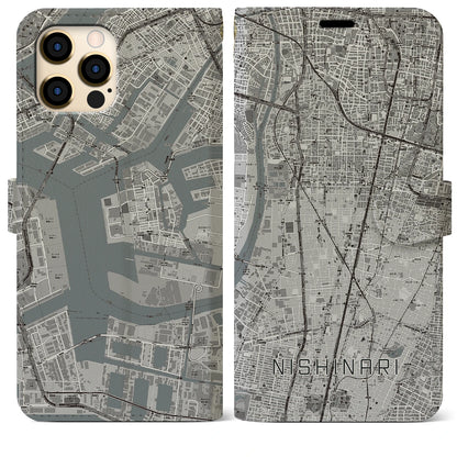 【西成（大阪府）】地図柄iPhoneケース（手帳タイプ）モノトーン・iPhone 12 Pro Max 用