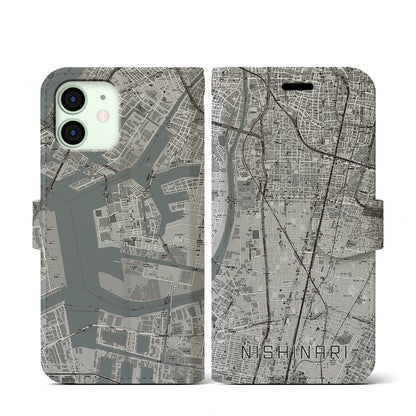 【西成（大阪府）】地図柄iPhoneケース（手帳タイプ）モノトーン・iPhone 12 mini 用