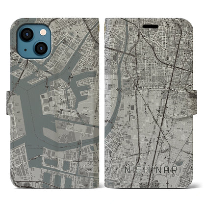 【西成（大阪府）】地図柄iPhoneケース（手帳タイプ）モノトーン・iPhone 13 用